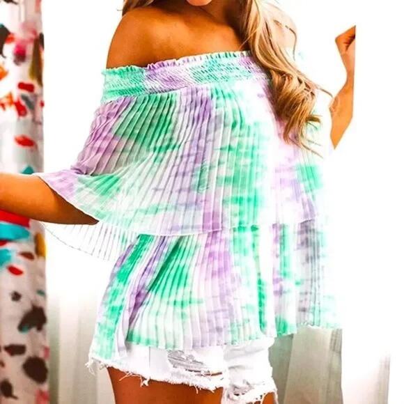 Entro | NWT Boutique Green & Purple Tie Dye Off the Shoulder Pleated Layered Top - Picture 1 of 10